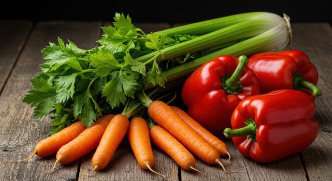 Vibrant fresh vegetables display including carrots celery and red bell peppers on a rustic wooden surface for healthy eating - Powered by Adobe