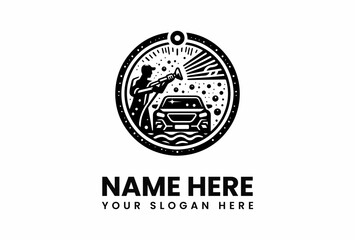 Obraz premium Car Wash Logo Featuring a Silhouette Washing a Vehicle in a Circle.
