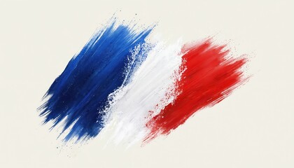 French flag artistic representation with bold brush strokes. Red, blue, white colors dominate composition. Gray backdrop provides neutral canvas for vibrant colors. Diagonal red stripe adds dynamic