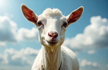 Obraz premium A curious goat stands outdoors against a bright blue sky with fluffy clouds