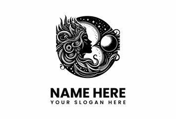 Celestial Queen Intricate Crowned Woman Profile with Moon and Stars.