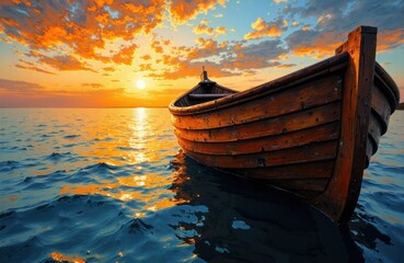 A wooden boat floats on calm water during a vibrant sunset with colorful clouds in the sky