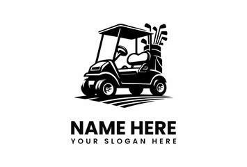 Detailed Black Golf Cart Logo with Clubs and Steering Wheel.