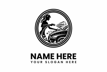 Elegant Woman Washing Car Logo Design in Black and White.
