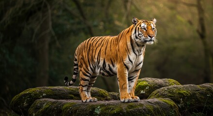 Obraz premium Majestic tiger standing on mossy rocks in a natural forest environment the epitome of wild feline beauty