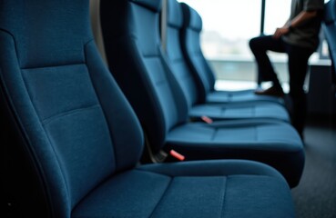Empty blue airplane seats in a modern aircraft cabin with a passenger sitting in the background