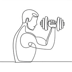 Athletic man performing bicep curls with dumbbell in continuous line art style