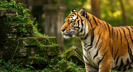 Obraz premium Majestic tiger prowls near verdant ruins in its natural habitat showcasing its power and beauty in a lush landscape
