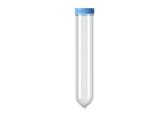 Empty, clear plastic test tube with a blue cap.