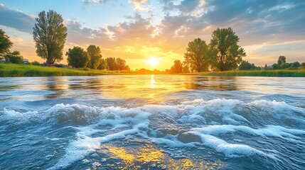 River landscape at sunrise with gentle waves.