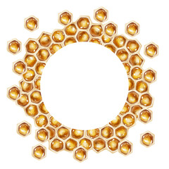 Watercolor illustration of a golden honeycomb frame with hexagonal cells. Ideal for organic product labels, honey packaging, skincare, eco goods, and culinary design