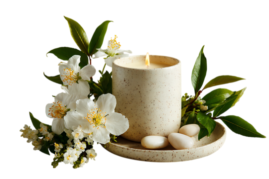 Spa like candle with white flowers and stones