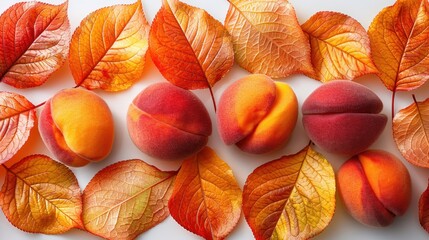 Juicy peaches rest gracefully on colorful leaves, celebrating the essence of fall