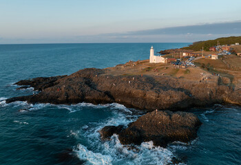 Inceburun Lighthouse in Sinop. Turkey. Inceburun is the northernmost point of the Turkey. Aerial shooting with drone.