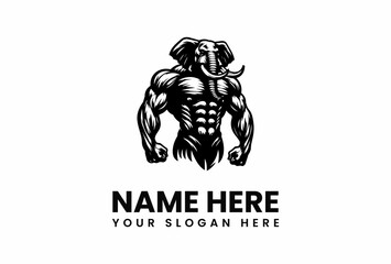 Muscular Bodybuilder with Elephant Head Logo Design.
