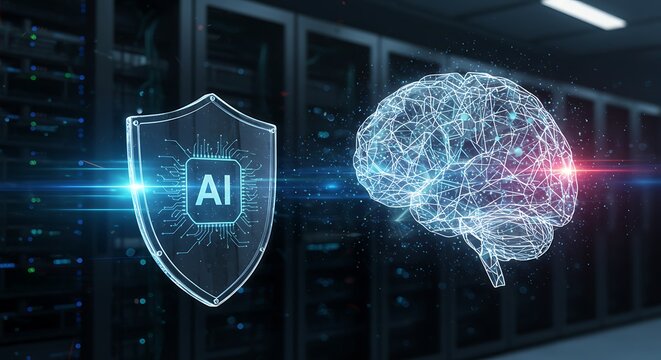 Glowing Brain Connected to Futuristic Shield in Dark Server Room - Powered by Adobe