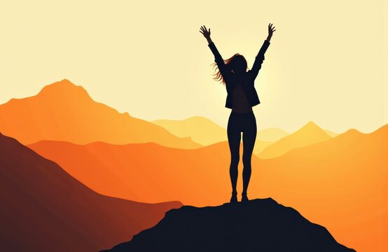 Woman standing on mountain peak with arms raised against sunset background - Powered by Adobe