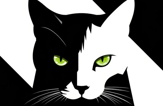 Black and white cat illustration with striking green eyes and contrasting facial features