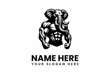 Muscular Elephant Mascot Powerful Silhouette with Defined Abs and Tusks.