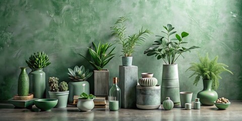 Serene Green Sanctuary A Stylish Arrangement of Potted Plants and Decorative Vessels Against a Textured Green Wall