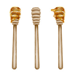 Watercolor illustration of three wooden honey dippers, two with golden honey and one clean, in rustic style. for tea packaging wellness branding organic products recipe books and holiday visuals.