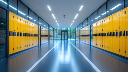 Empty school hallway with yellow lockers