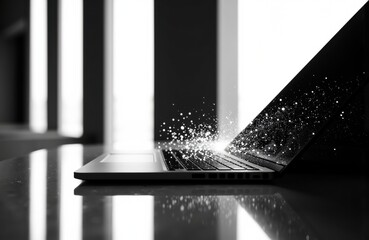 A sleek laptop with glowing particles emerging from the screen on a reflective surface