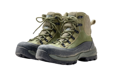 Two olive green hiking boots, side view, showing substantial tread and lacing.  Durable, rugged footwear with a  mud-caked sole, ready for outdoor use
