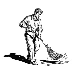 A classic black and white illustration of a man diligently sweeping fallen leaves from the ground, representing a sense of duty.