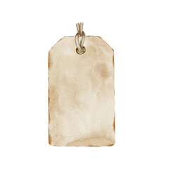 Watercolor illustration blank vintage paper tag with rounded edges and string in beige tones. for product packaging handmade branding gift wrapping price label tea or spice jars and rustic decor.