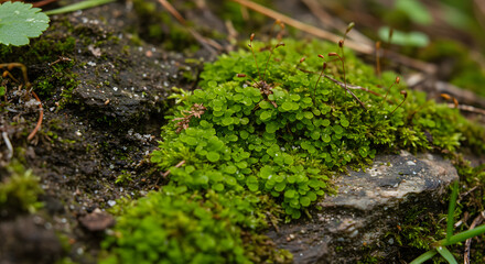 Obraz premium Close-up of Green Moss and Liverwort on a Moist Forest Floor