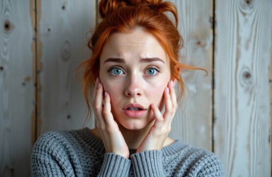 Pensive woman with red hair and blue eyes holding her face in surprise or concern - Powered by Adobe