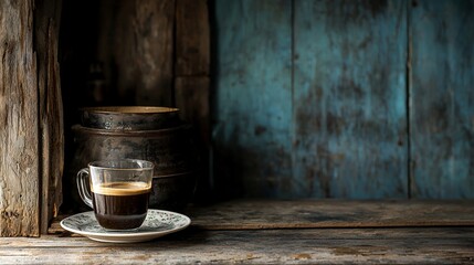 Rustic coffee scene in a wooden alcove
