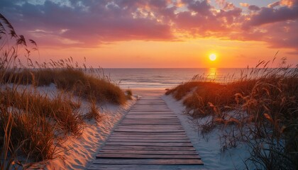 a wooden boardwalk leads towards a vibrant sunset over a calm sea, framed by golden coastal grasses and sand dunes.