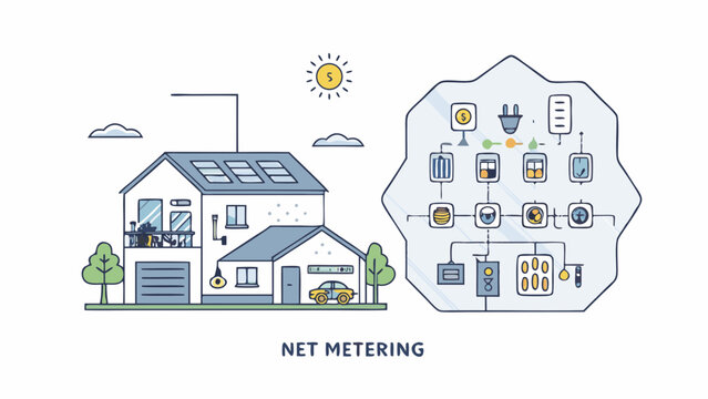 Illustration of a house with solar panels and a net metering system diagram showing energy flow and savings