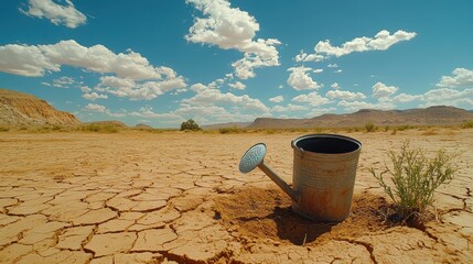 Empty watering can in cracked desert