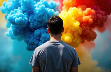 A man stands with his back facing colorful smoke clouds in blue, yellow, orange, and red hues creating a vibrant atmosphere