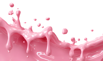 Glossy Pink Paint Splashing and Dripping Mid-Air with Realistic Droplets, Dynamic Side View, Isolated on Transparent Background