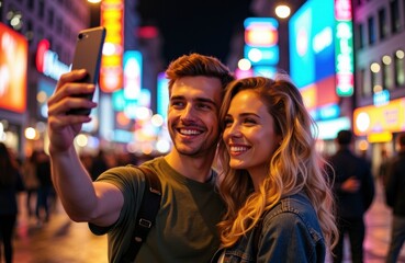 Obraz premium Woman and man taking a selfie in a vibrant city at night with colorful neon lights