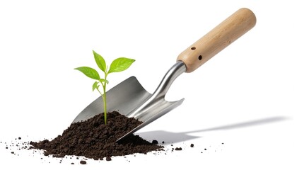 Gardener uses trowel in garden with germinating seedling. Shovel leans against soil, dark brown dirt. Kitchen garden, flower garden, home improvement, landscaping, planting, gardening tool. Environ
