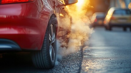 Car failure,Broken Car Emitting Smoke on Sunny Road｜Mechanical Failure Warning in Outdoor Sunlight breakdown,hot temperature problem.