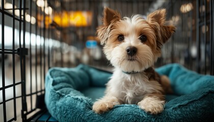 a small, fluffy yorkie puppy with a blue collar rests comfortably in a teal dog bed inside a metal cage.