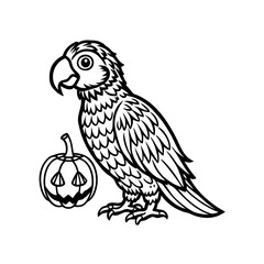 Black and white line art illustration featuring a parrot standing beside a carved Halloween pumpkin.