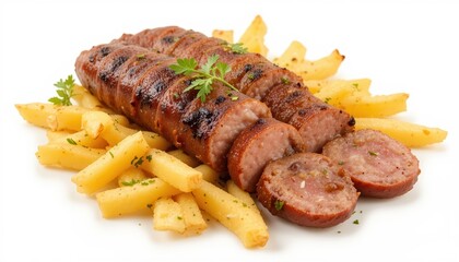 A plate with two grilled sausages and french fries