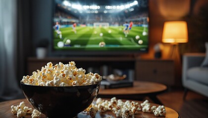 a bowl of popcorn sits on a table in front of a television displaying a soccer match in a cozy living room.