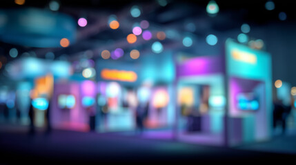 Blurry view of vibrant exhibition or trade show with glowing booths, neon lighting, and dark floor, suitable for product launch visuals or event marketing background mockup