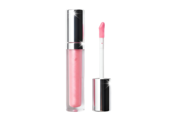 A light pink lip gloss in a clear tube with a silver cap.