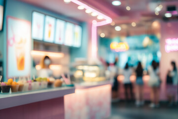 Colorful dessert and bubble tea shop with pastel decor and neon lighting, blurred customer queue and menu screens, playful ambiance for sweets-themed branding or food advertisement mockup