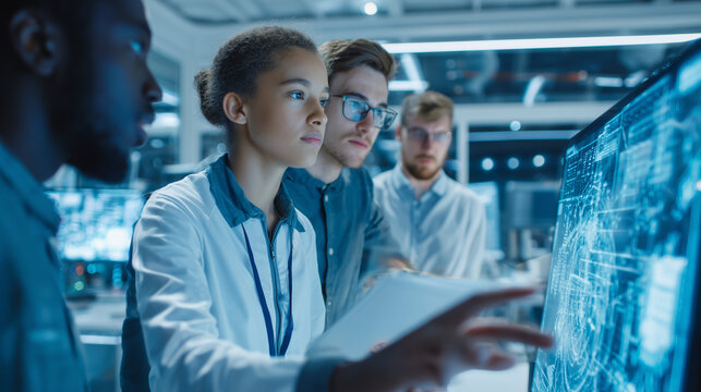 Diverse Group of Young Apprentices Using Digital Machine Interface in Modern Training Lab