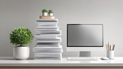 Clean office background with stacks of documents, pens, and desktop computer, organized and professional look